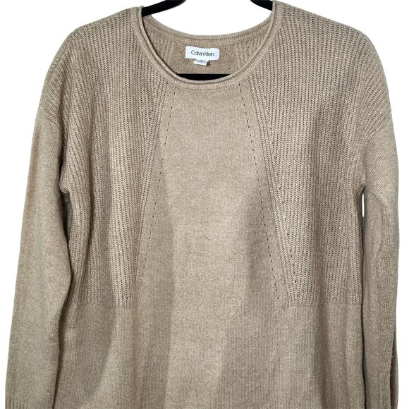 Calvin Klein Beige Knit Sweater Medium Crewneck Pullover - Picture 2 of 12